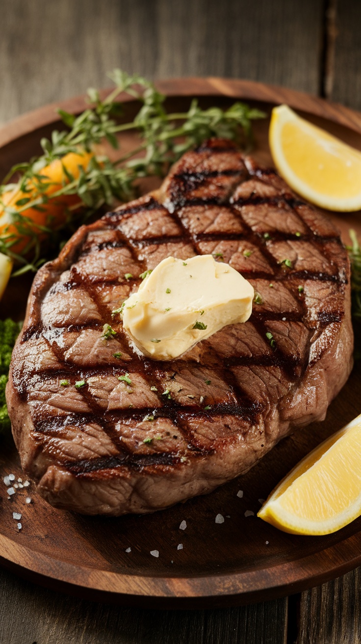 Grilled Delmonico steak topped with steak butter and served with lemon wedges on a wooden plate.